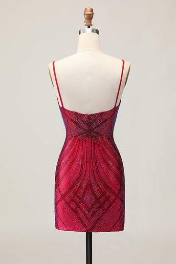 Burgundy Beaded Spaghetti Straps Bodycon Homecoming Dress